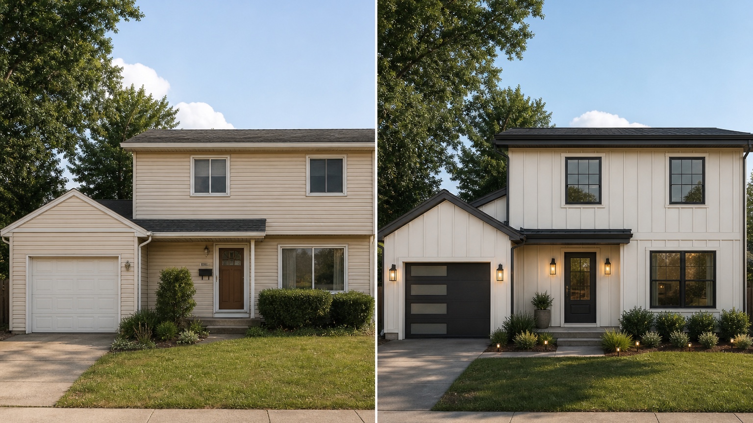 AI exterior design from photo before and after side by side showing consistent camera angle and curb appeal changes