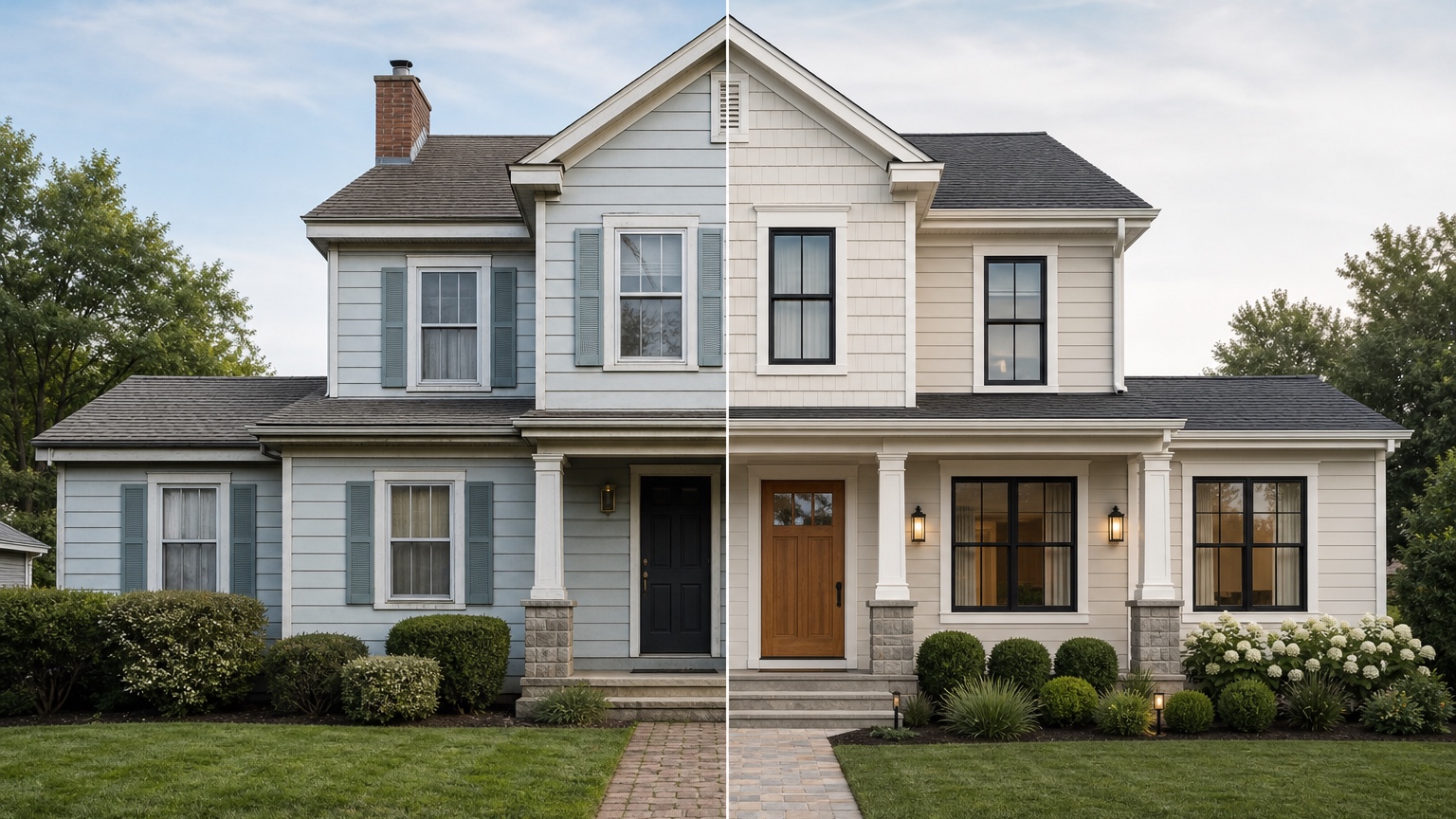 AI exterior design from photo split down the center showing the same house before and after as one continuous facade