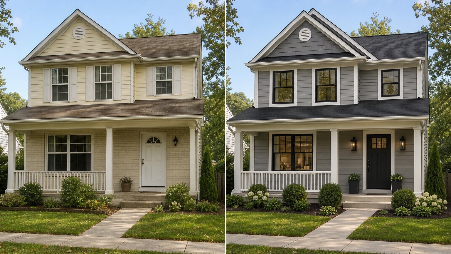 AI exterior design online before and after comparing siding, trim, door, garage, and curb appeal updates