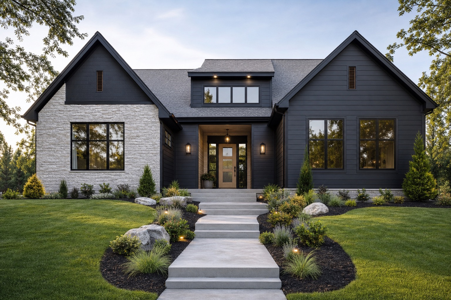 AI exterior home design concept showing a refreshed facade with practical curb appeal changes