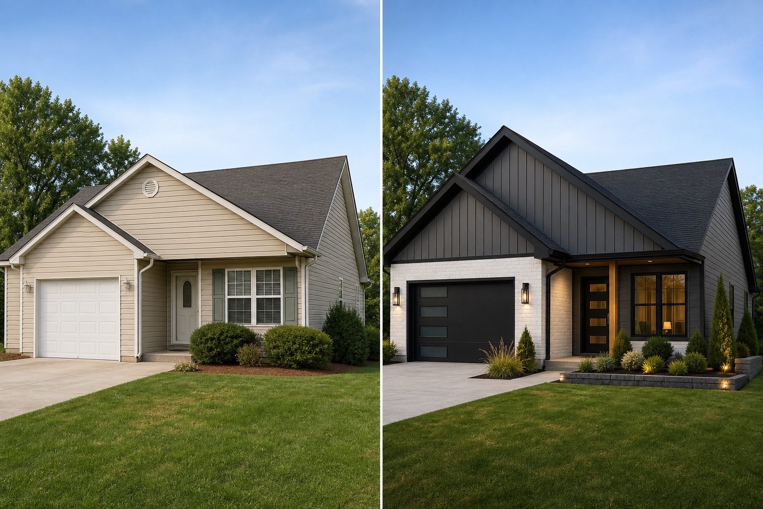 AI exterior home design before and after showing siding, color, entry, lighting, and landscaping options