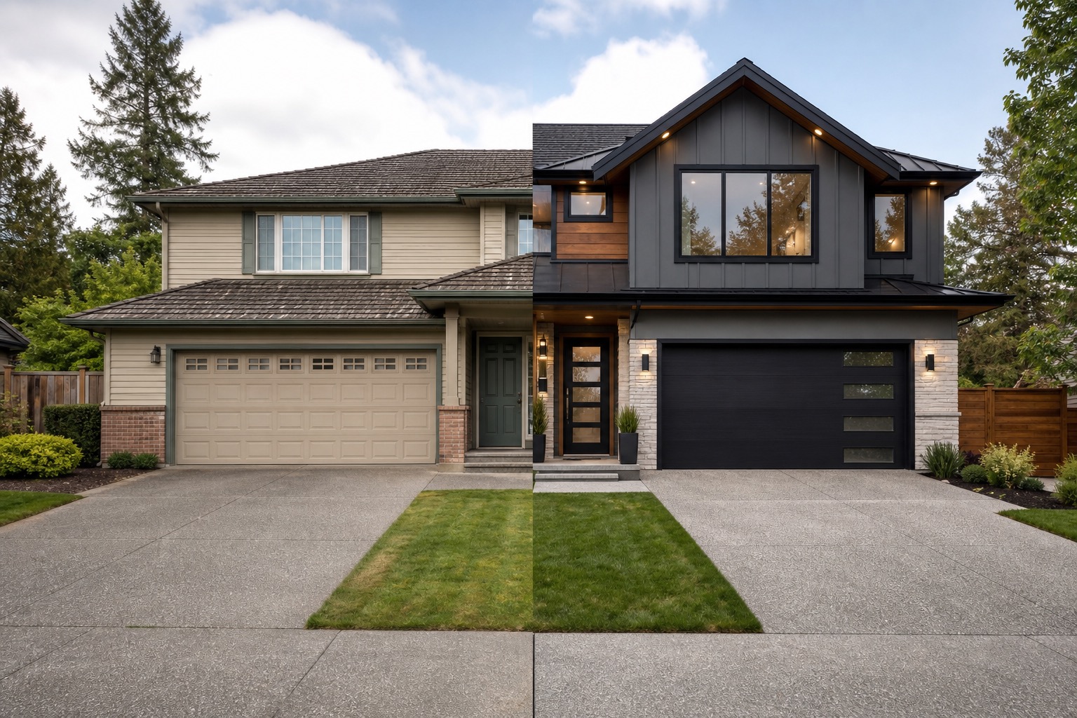 AI exterior home design split concept showing a realistic facade refresh on the same house photo