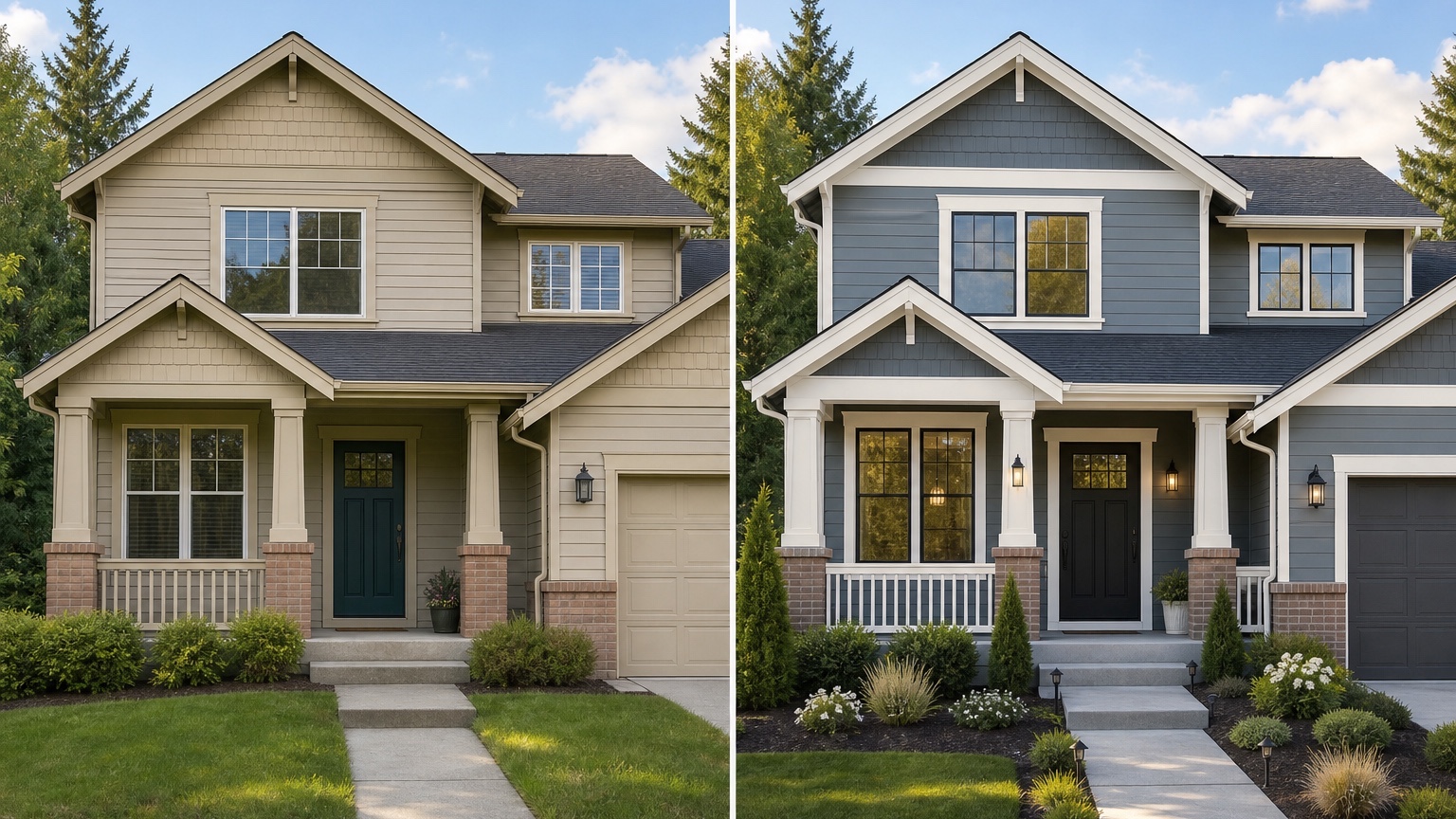 AI exterior paint visualizer before and after comparing body color, trim, door, and garage paint