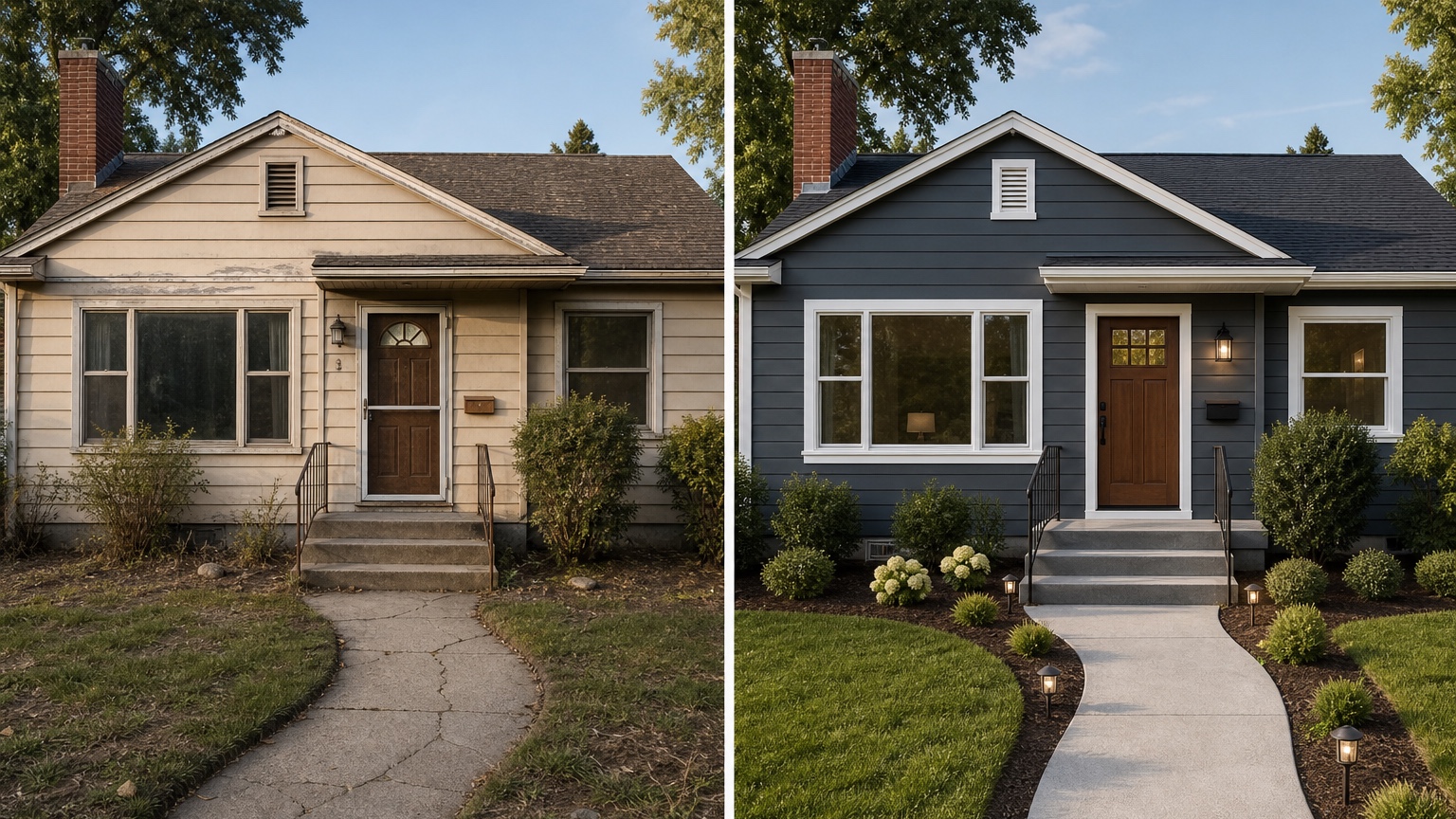 AI exterior remodel visualizer before and after comparing siding, paint, doors, windows, garage, and trim