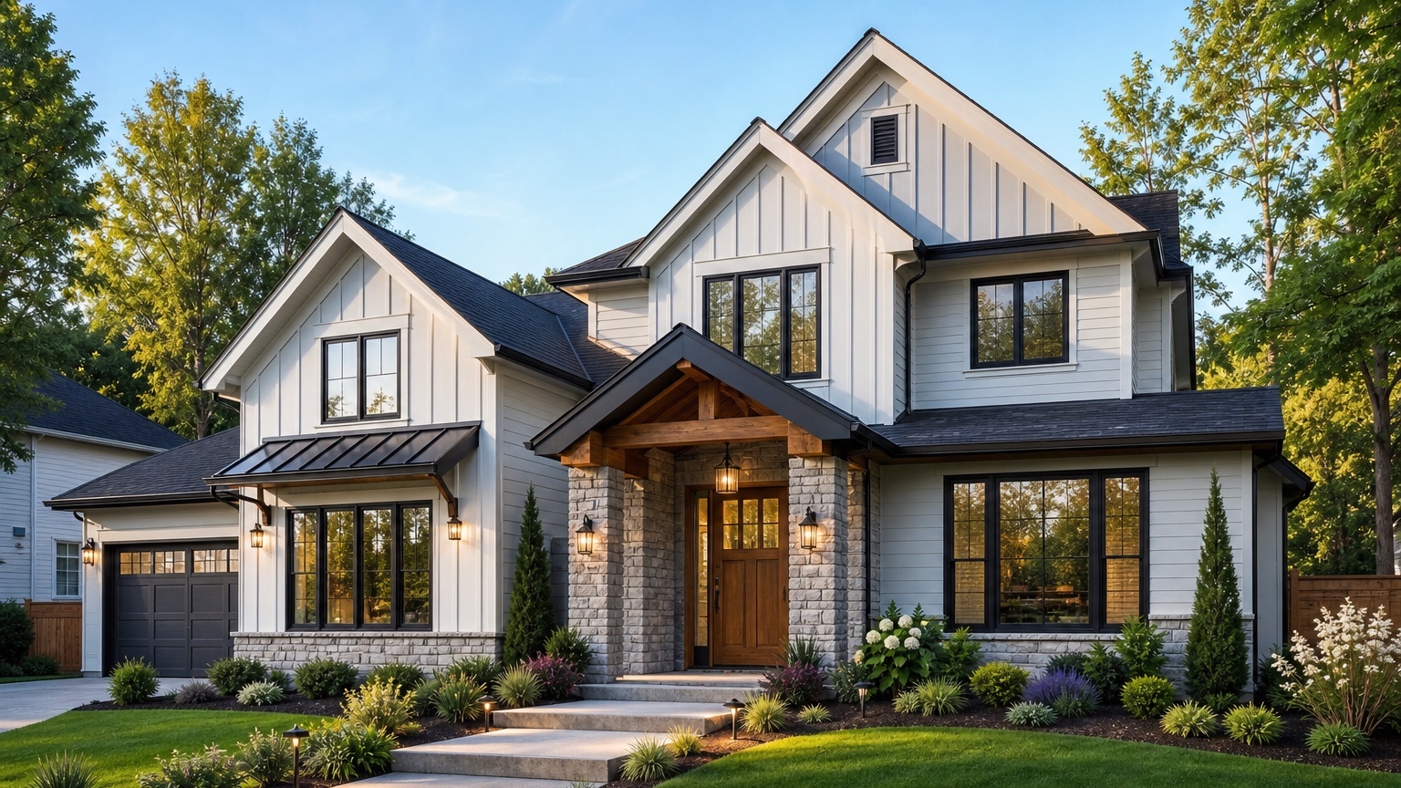 AI exterior renovation ideas finished facade concept with updated siding, trim, entry, lighting, and landscaping