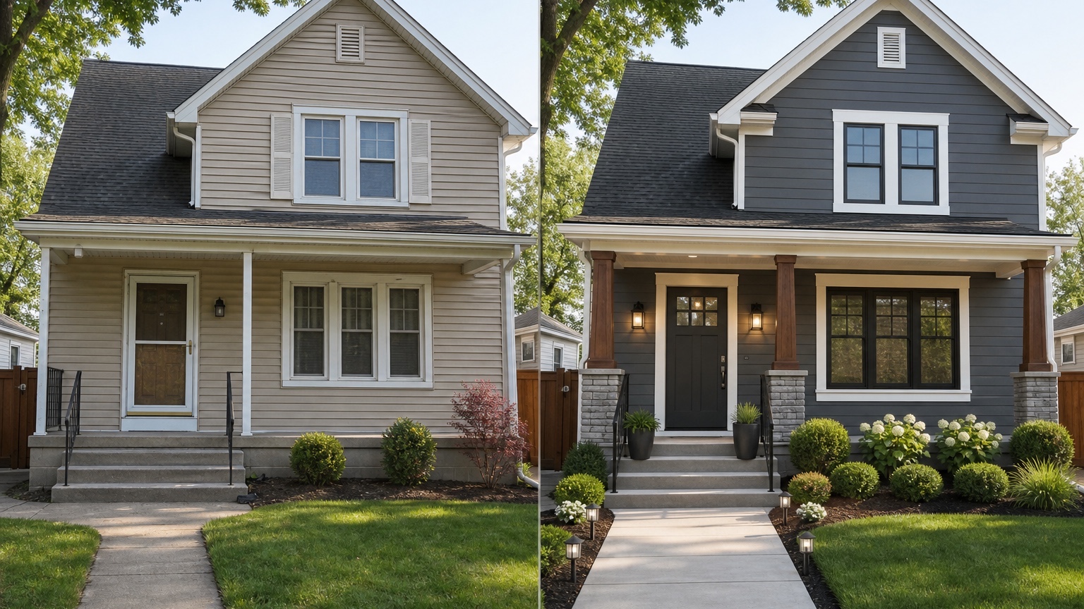 AI exterior renovation ideas before and after side-by-side showing a dated facade compared with a realistic updated exterior