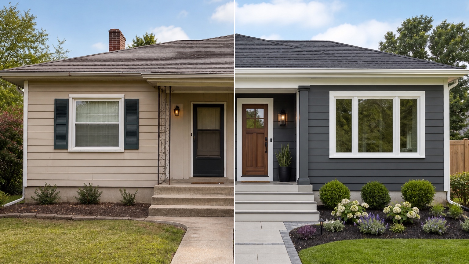 AI exterior renovation ideas split facade showing the same home before and after a realistic curb appeal renovation