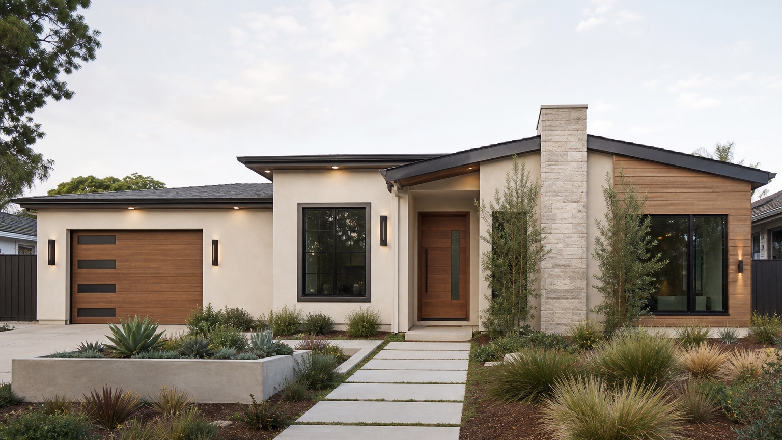 AI facade design generator showing a polished residential exterior concept with updated materials, trim, roofline, and curb appeal