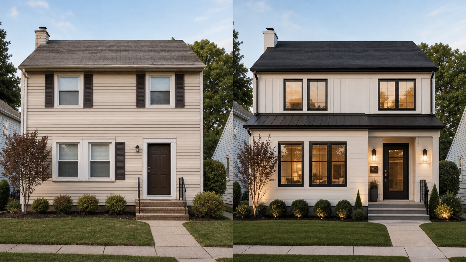 AI facade design generator before and after comparing a dated home facade with a more balanced material and trim concept