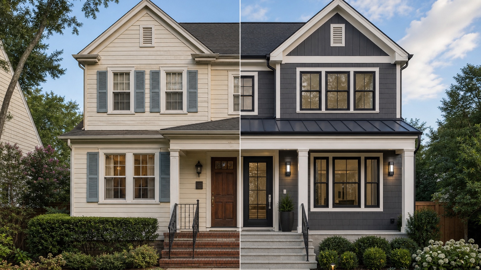 AI facade design generator showing a single house split between original facade and updated material concept