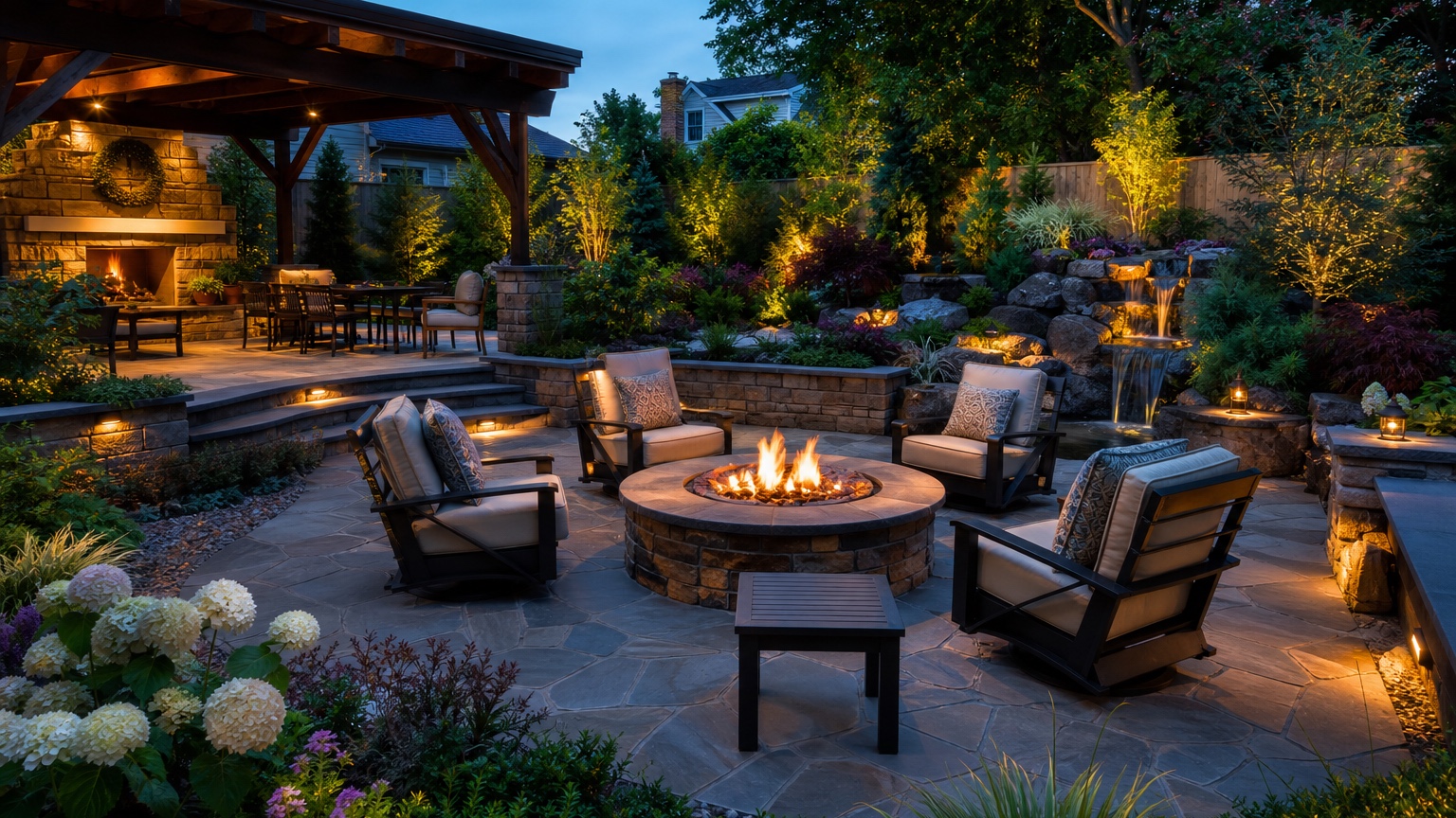AI fire pit backyard design showing a finished backyard with a realistic fire pit lounge, seating, paths, planting, and host-ready lighting
