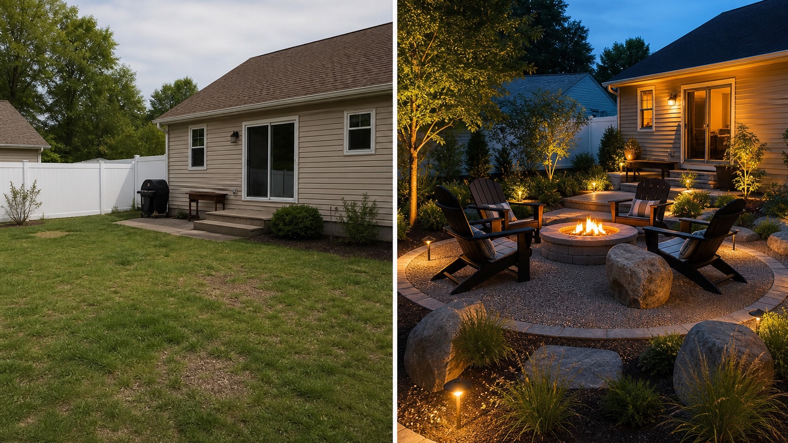 AI fire pit backyard design before and after comparing an underused yard with a defined fire pit seating zone, path, planting, and lighting