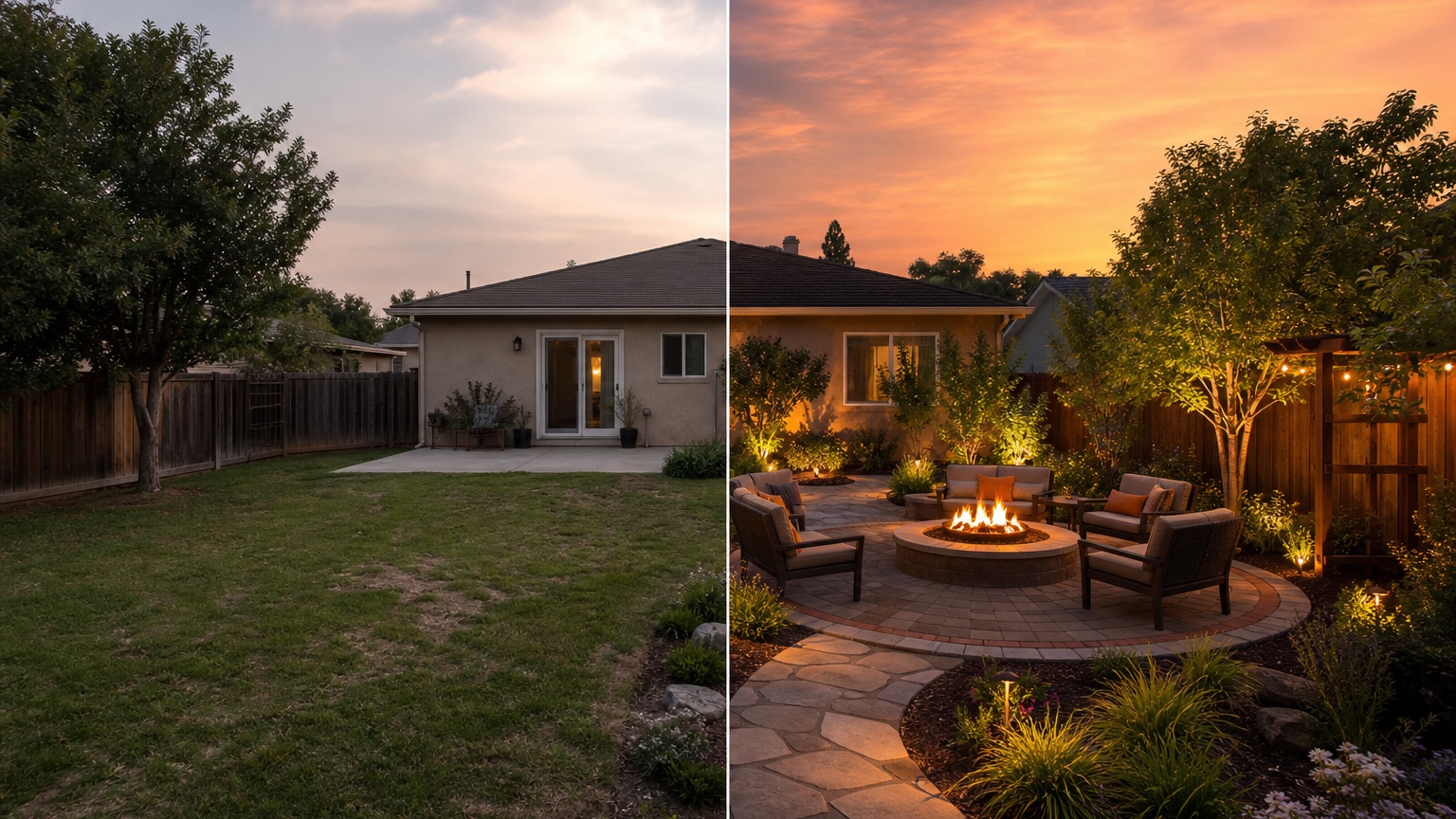 AI fire pit backyard design split before and after showing the same yard transformed with a practical fire pit lounge, path, and outdoor zones