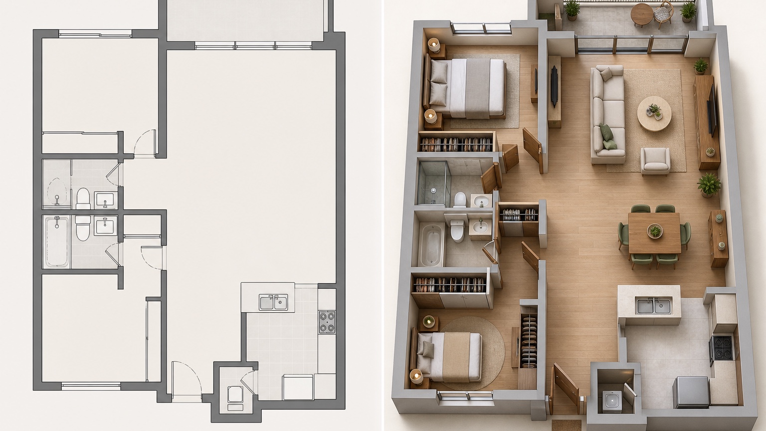 ai floor plan interior design before and after comparison for a focused layout decision
