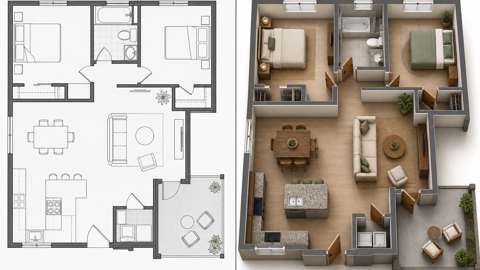 ai floor plan rendering before and after comparison for a focused layout decision