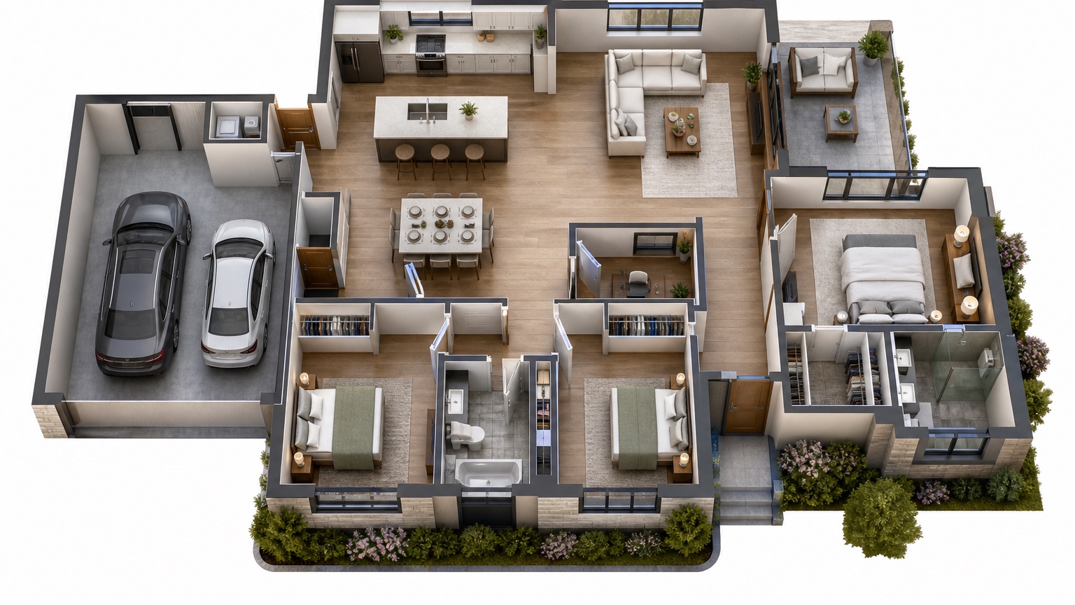 AI floor plan to 3D concept showing a flat residential layout translated into a warm spatial view with rooms, circulation, furniture scale, and ceiling volume