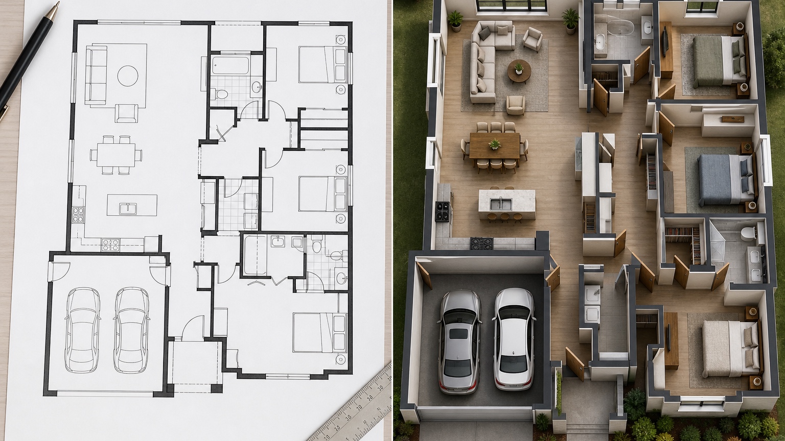 AI floor plan to 3D workflow showing a clean 2D plan beside a perspective interior concept with preserved windows, room labels, circulation paths, and furniture zones
