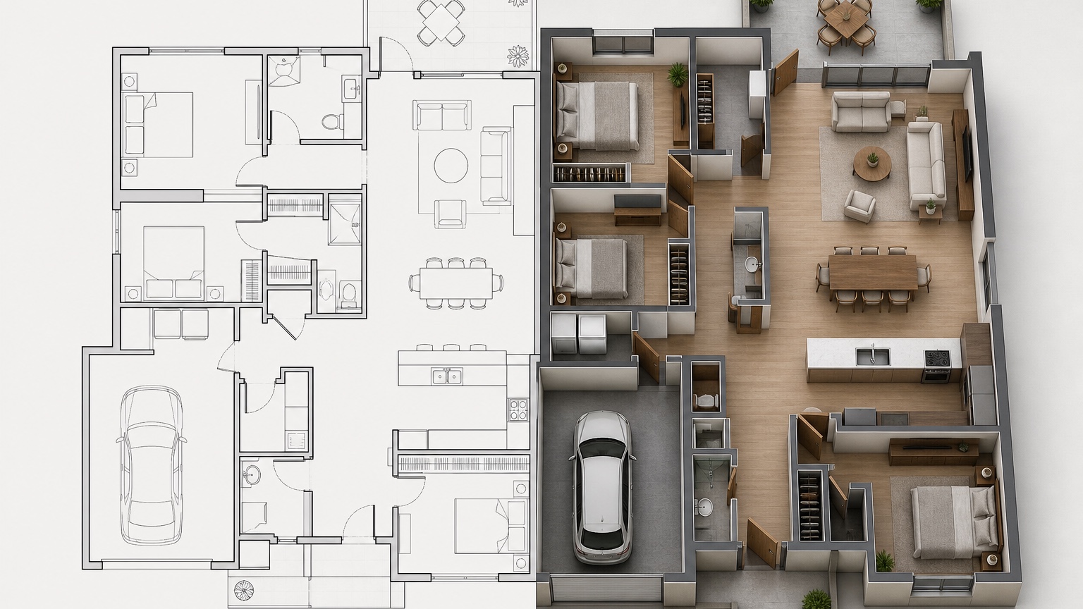 AI floor plan to 3D review board showing baseline concept, circulation study, ceiling-height study, and furniture-scale remix for a home layout