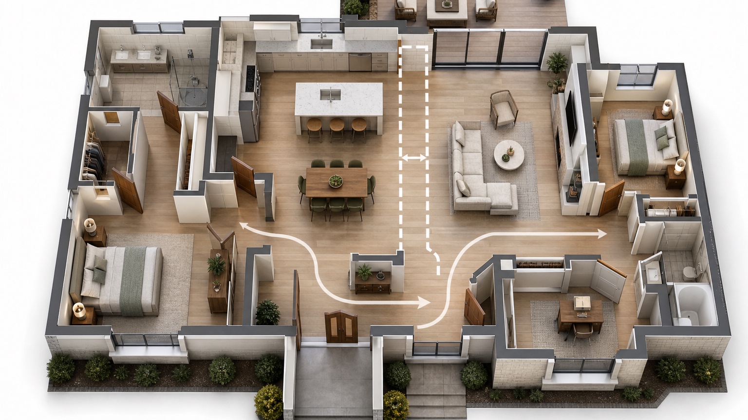 AI floor plan visualizer showing a renovation layout with furniture zones, circulation paths, and kitchen living adjacency options