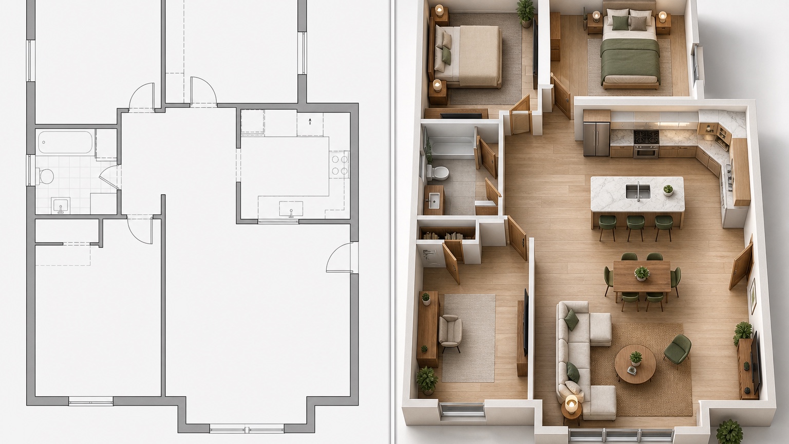 AI floor plan visualizer comparison of existing layout, partial wall opening, and open kitchen living renovation option