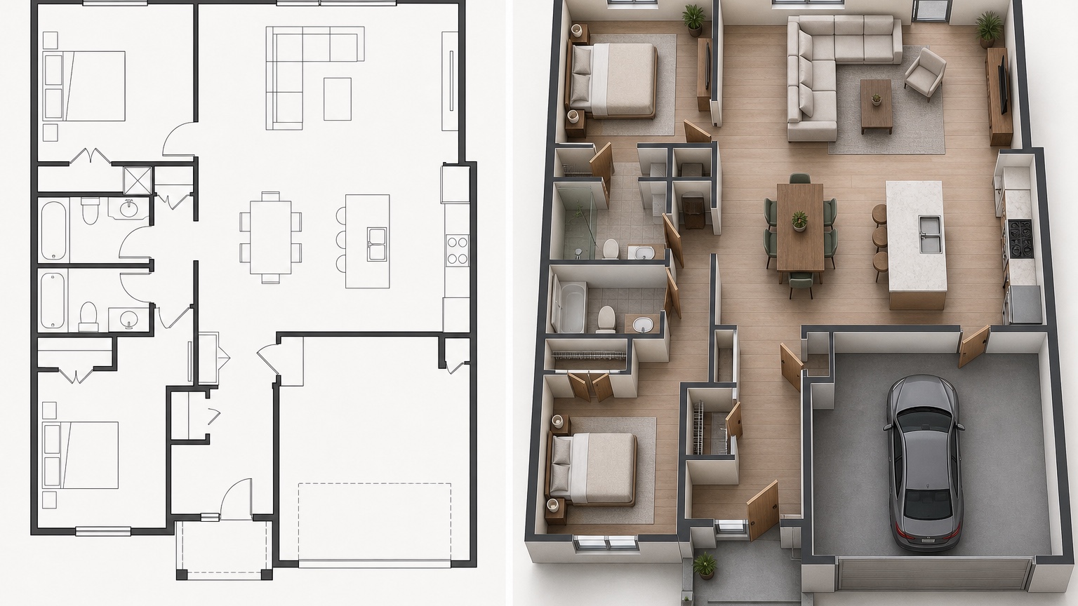 AI floor plan visualizer board with saved renovation prompts, furniture zone overlays, and scope notes for a drafter