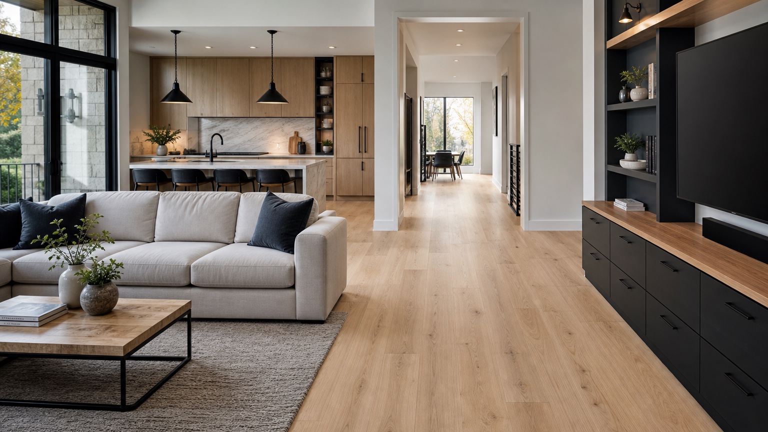 AI flooring visualizer showing wood, tile, and carpet options previewed in the same open-plan room photo