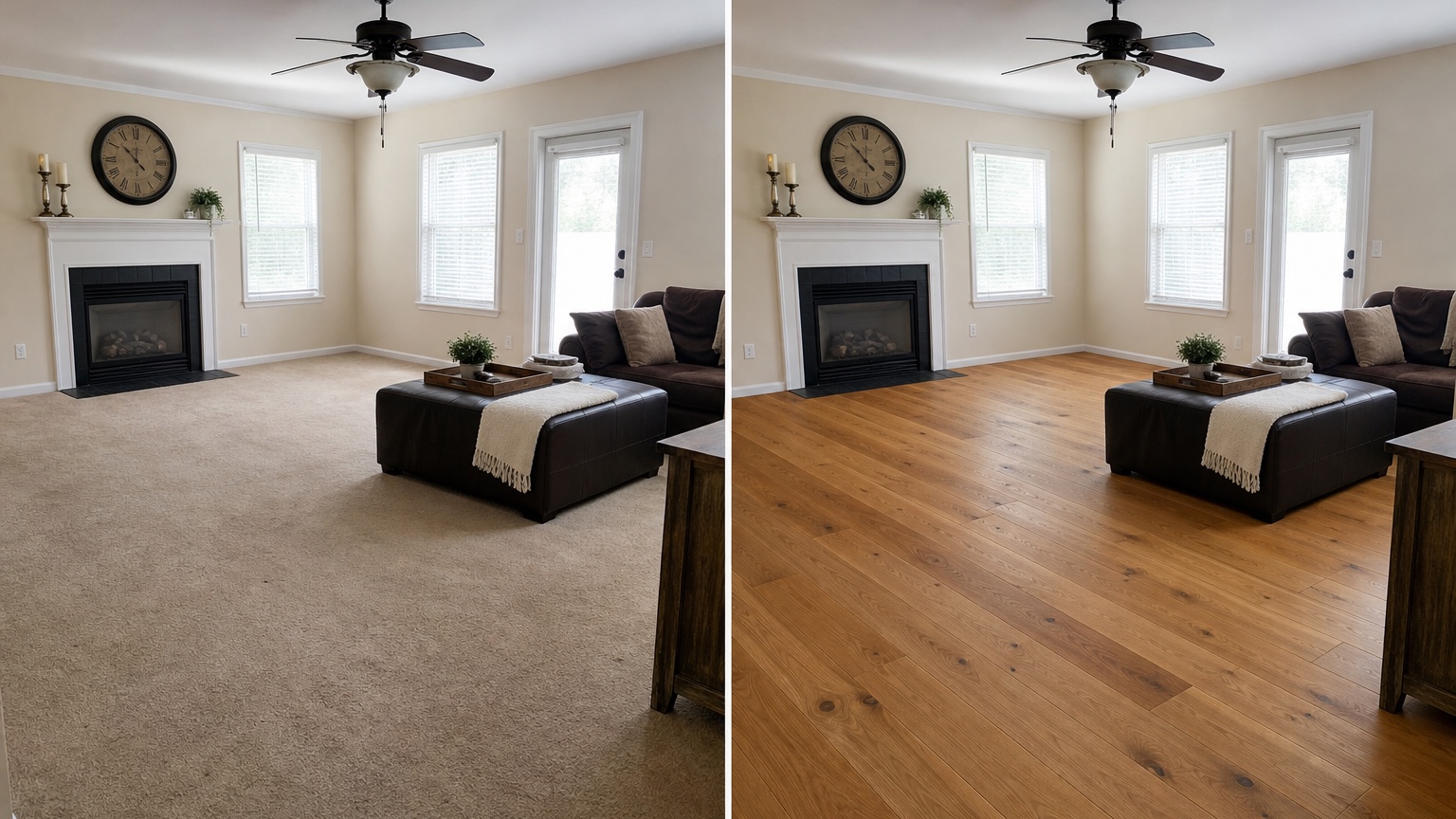 AI flooring visualizer before and after showing plank direction, tile scale, carpet texture, and floor transition options in a real home