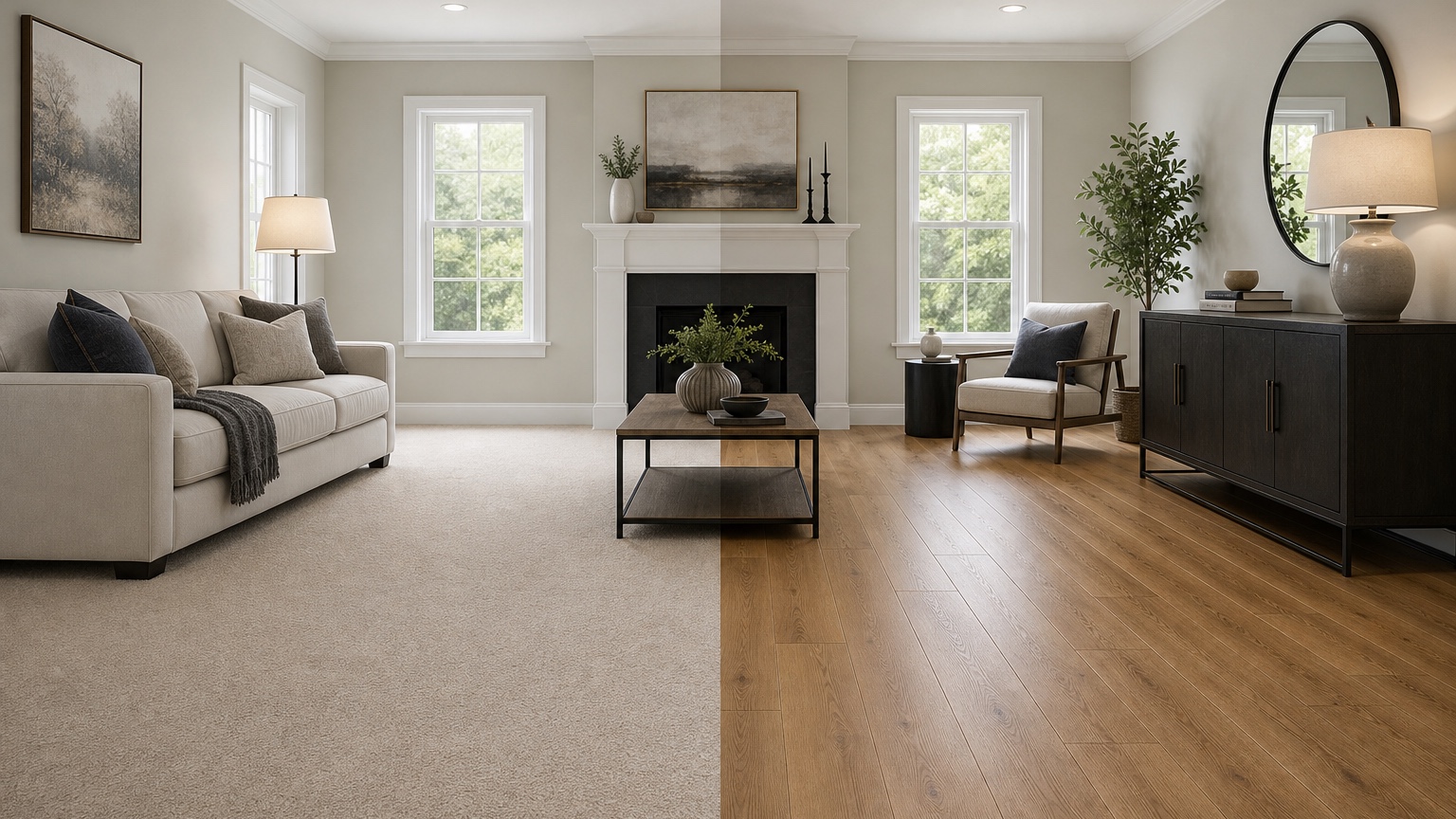 AI flooring visualizer split comparison board with wood plank, porcelain tile, carpet, transitions, and installer notes