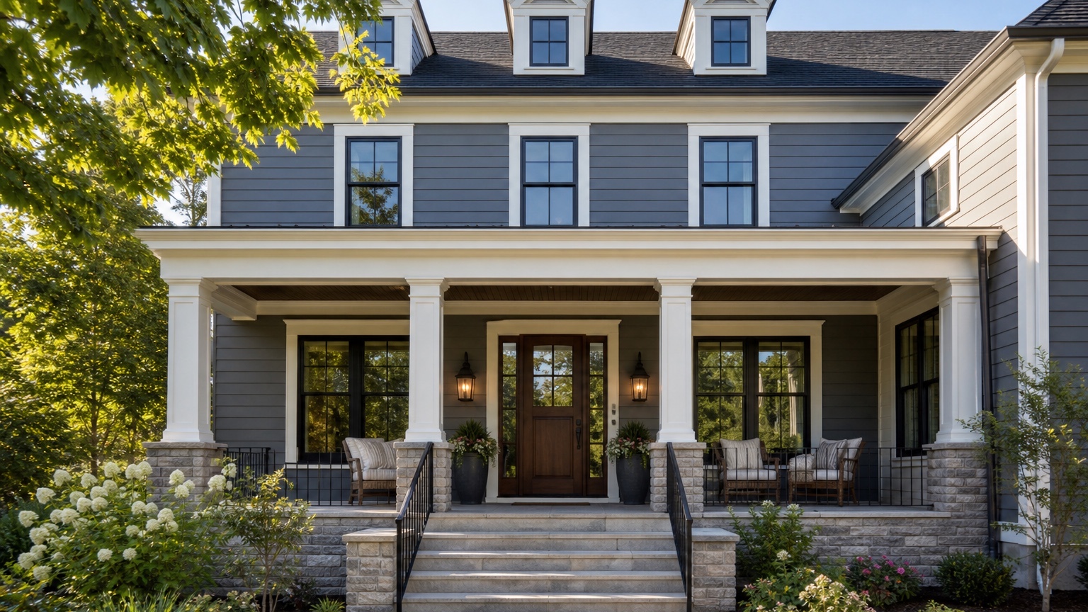 AI front porch design showing a finished entry upgrade on a real house photo