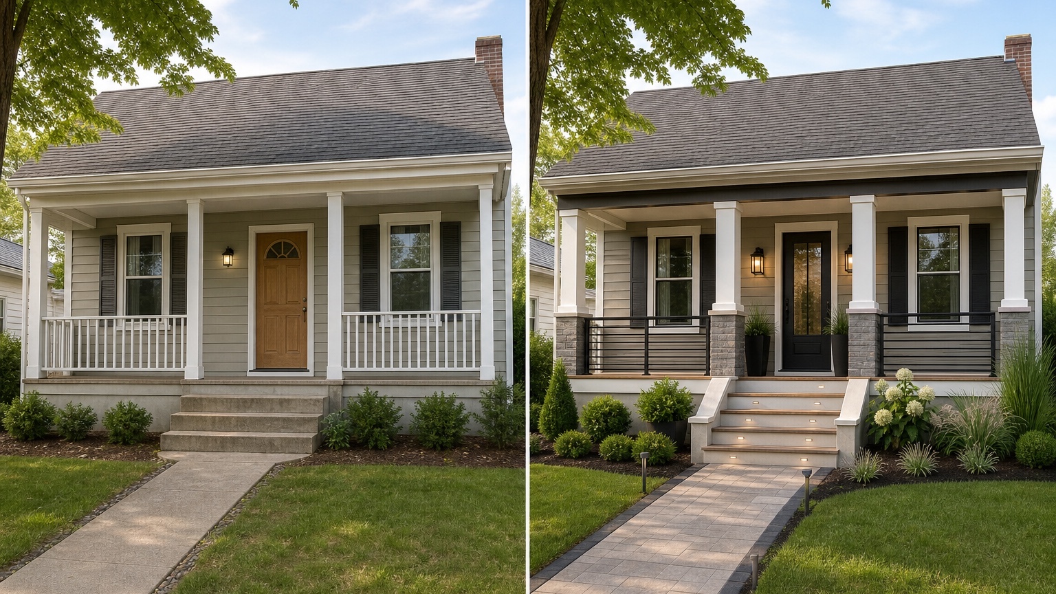 AI front porch design before and after side by side showing a porch upgrade from the same house angle