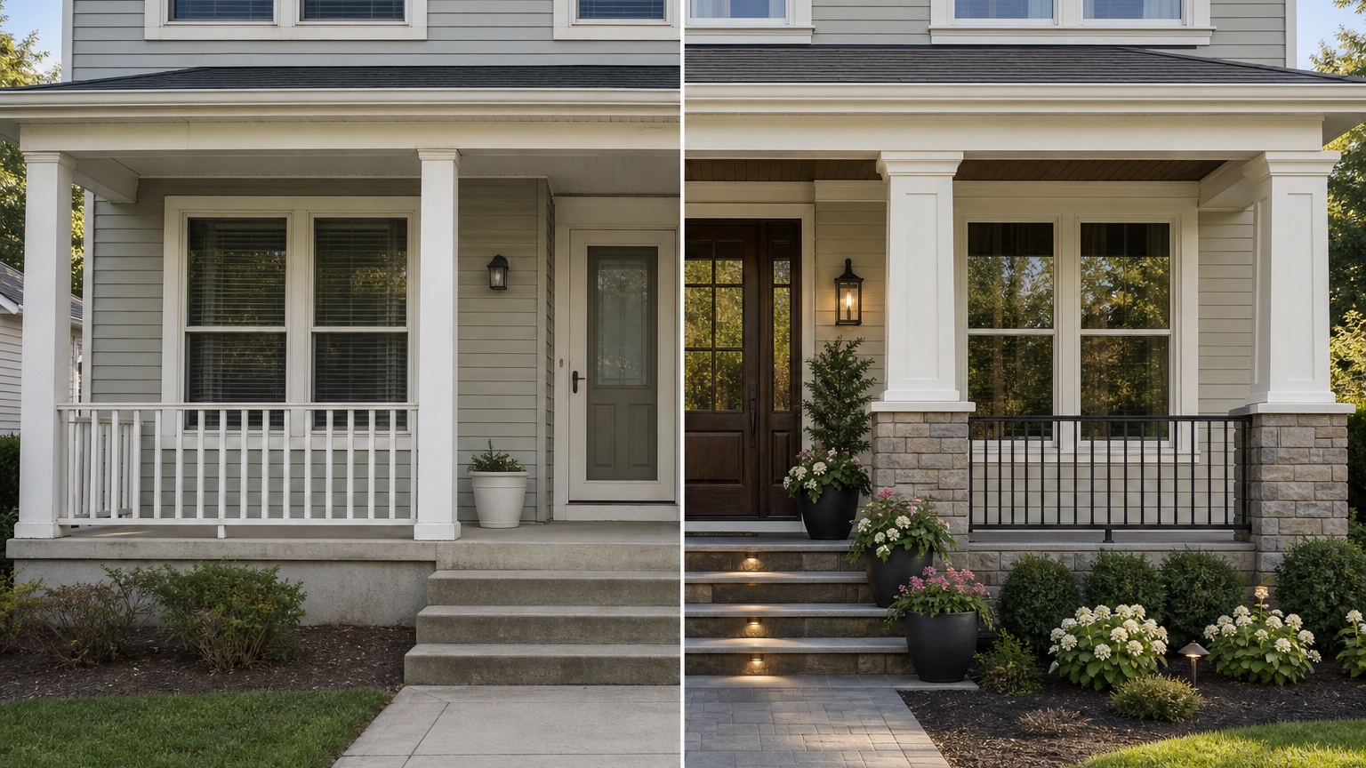 AI front porch design split view showing changed railing, door, lighting, and steps on the same facade