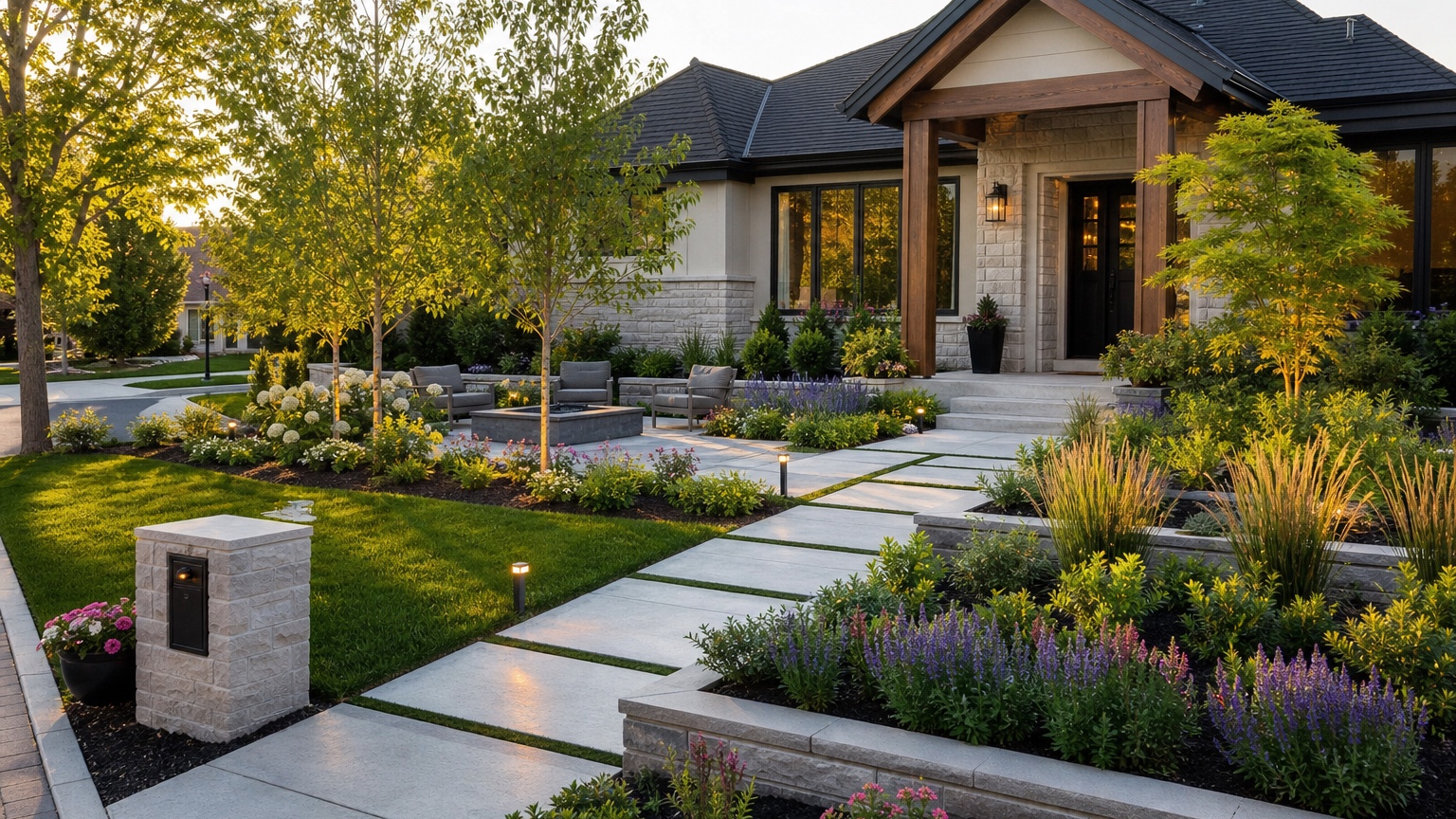 AI front yard landscaping concept showing a cleaner curb appeal design with planting beds, walkway, and entry lighting