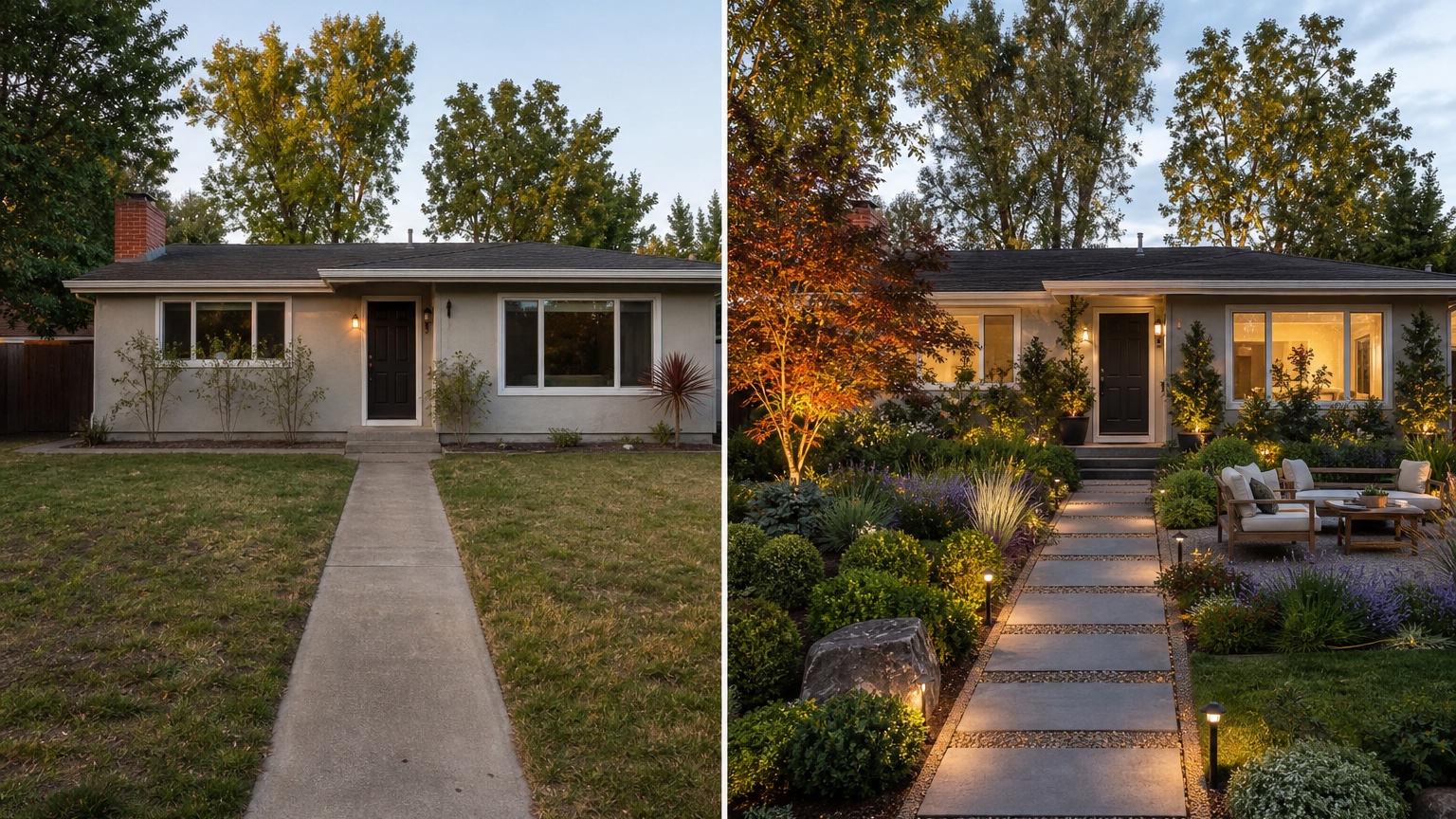 AI front yard landscaping before and after showing the same house with improved planting beds, clear walkway, and simpler lawn edge