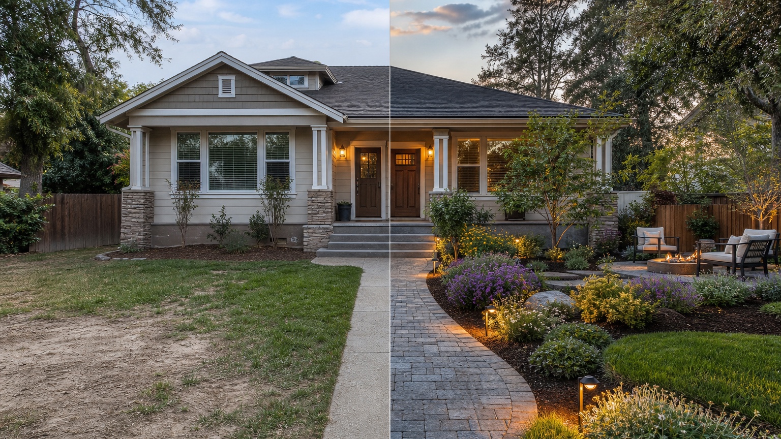 AI front yard landscaping split concept showing planting bed, walkway, mulch, lighting, and entry changes on one facade