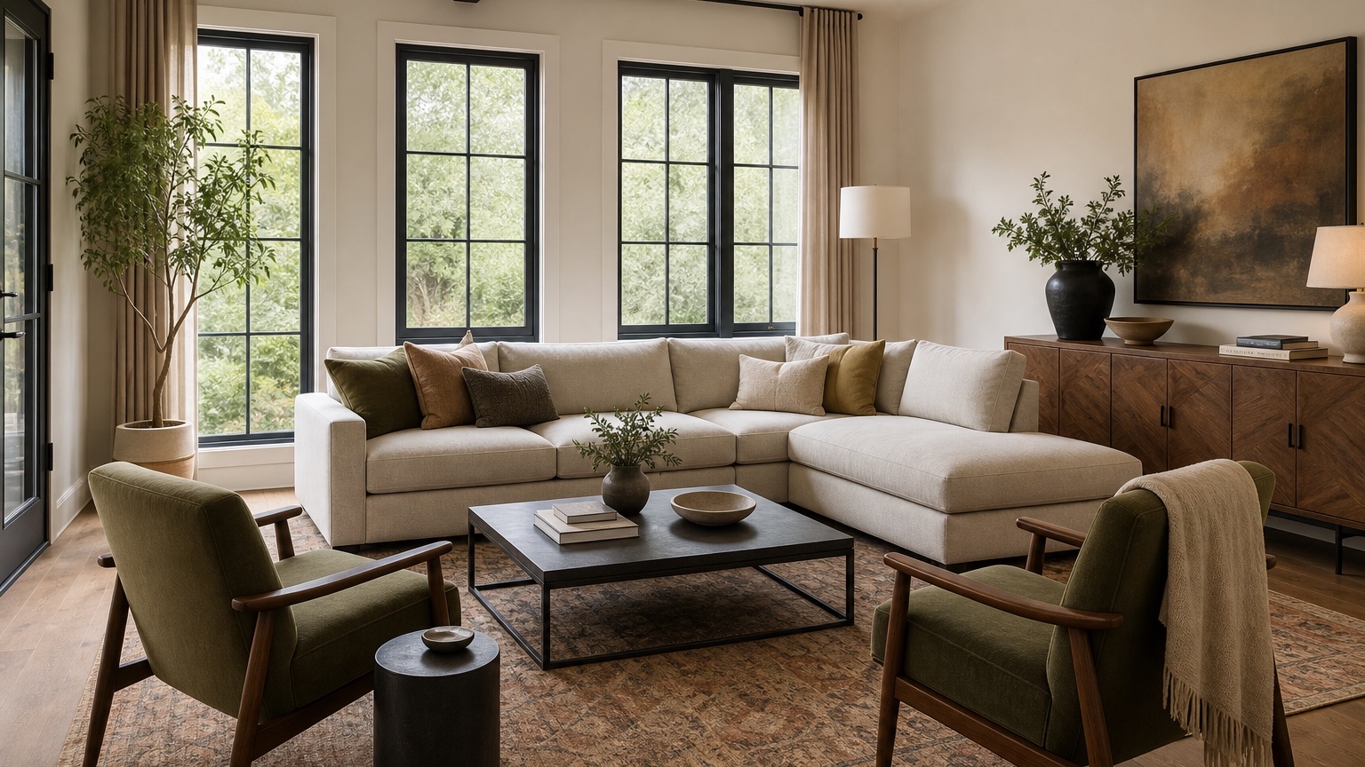 AI furniture visualizer placing a sofa, chair, rug, table, and lamp into a real living room photo with realistic scale and materials