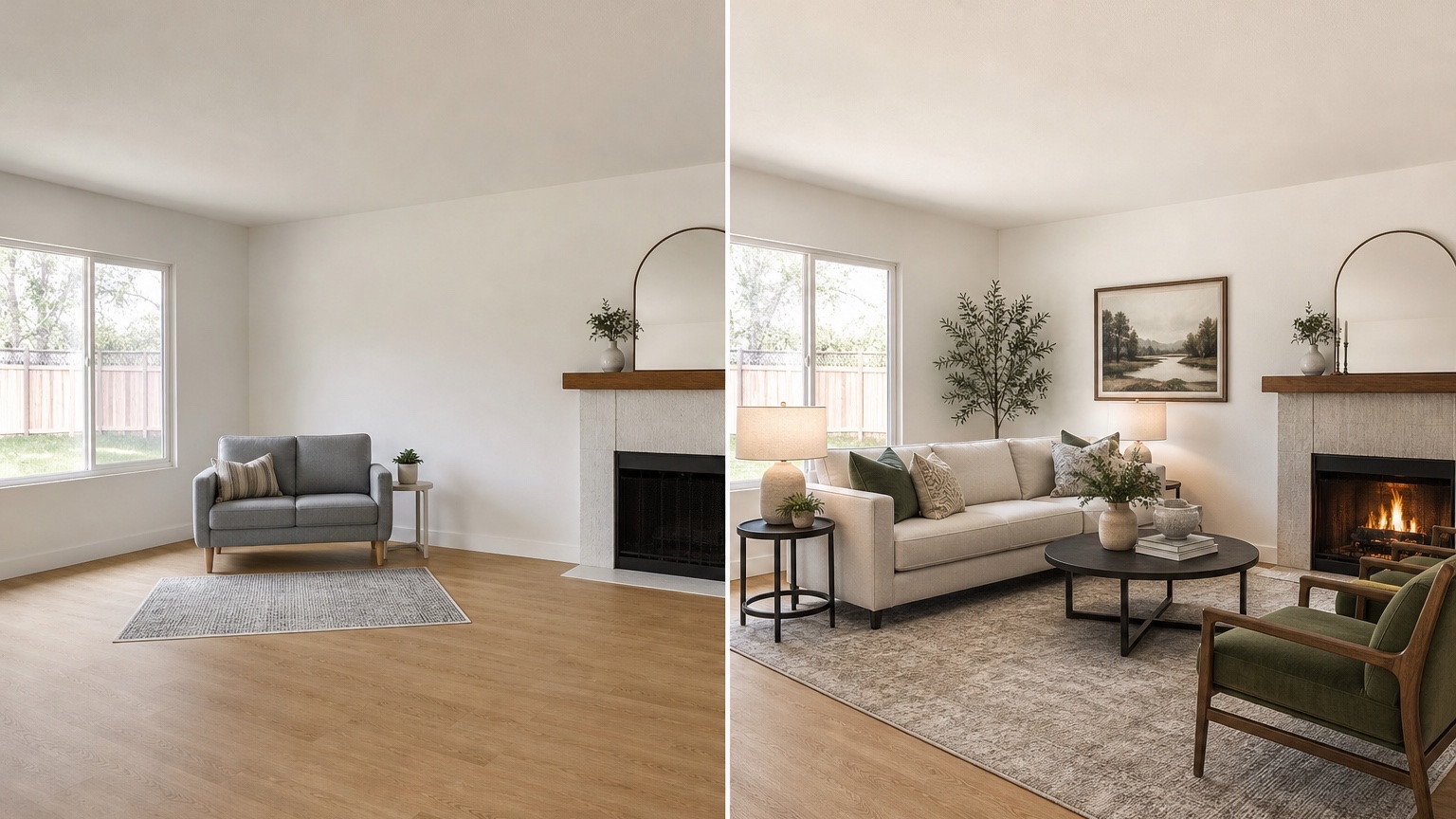 AI furniture visualizer before and after showing a real room photo with new furniture placed at believable scale, color, and clearance