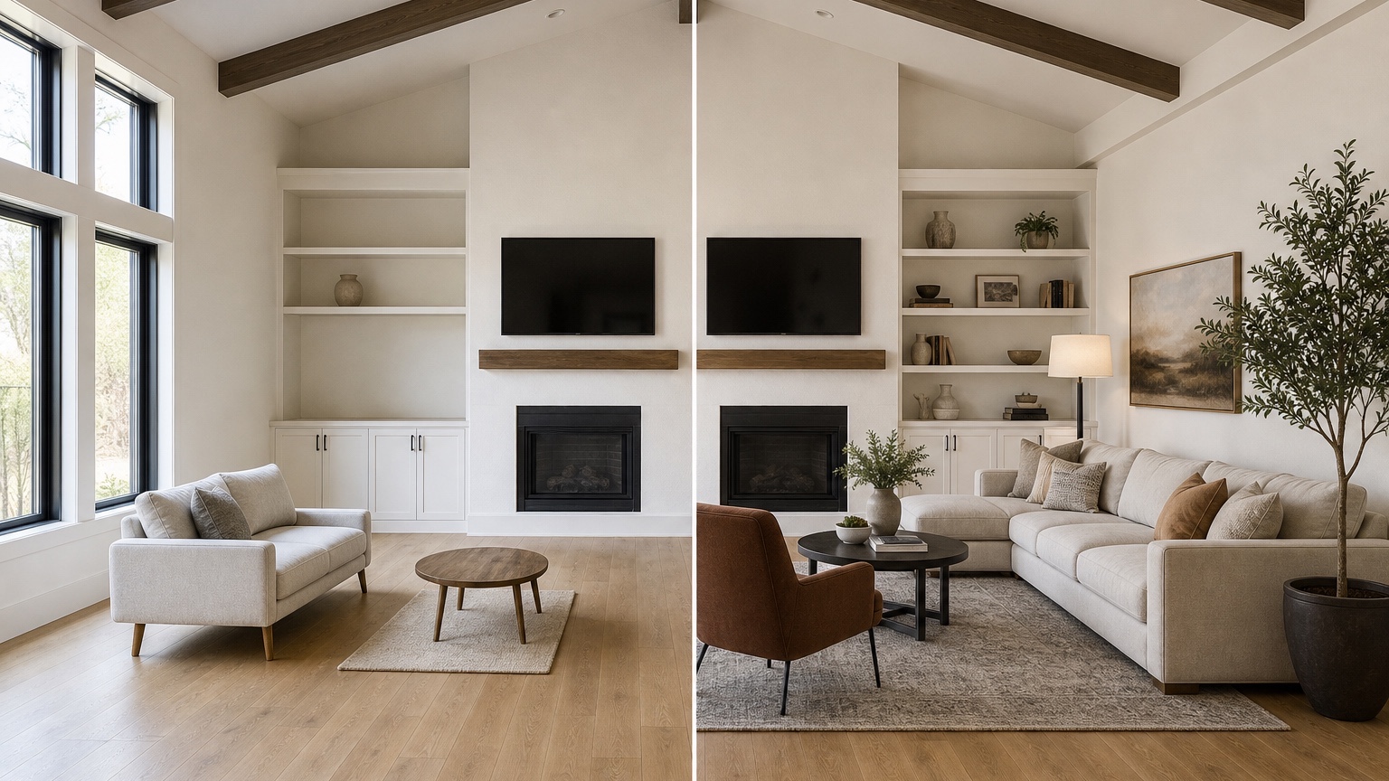 AI furniture visualizer split view comparing sofa sizes, dining table shapes, chair fabrics, wood tones, and placement in the same room photo