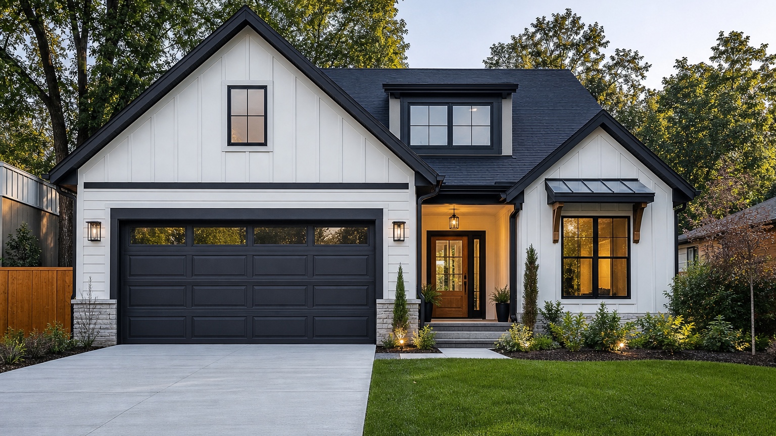 AI garage door visualizer showing a realistic modern garage door style preview on a residential exterior