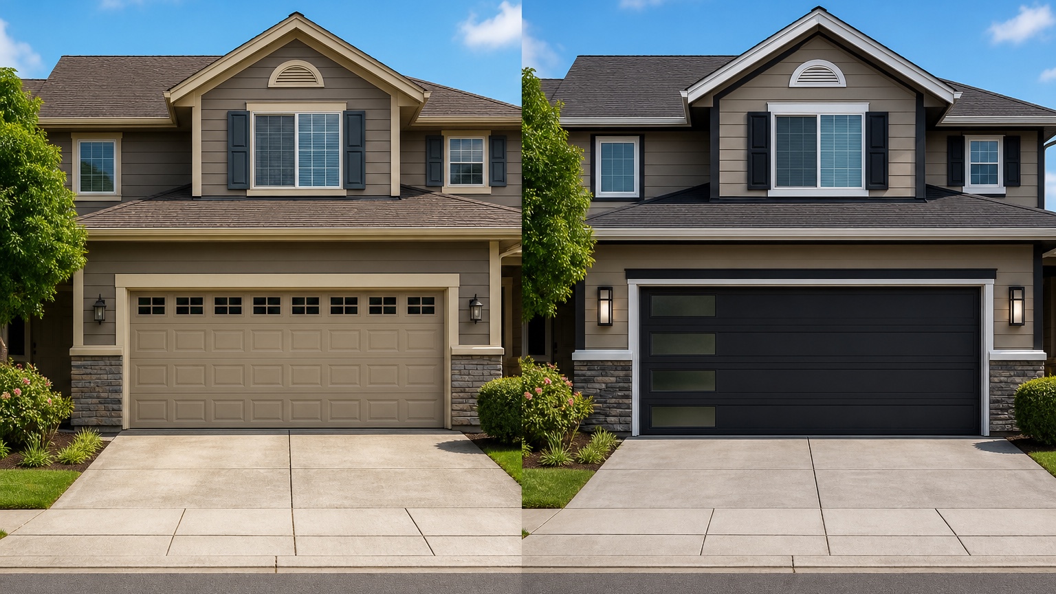 AI garage door visualizer before and after comparing door panel style, window placement, color, and facade balance