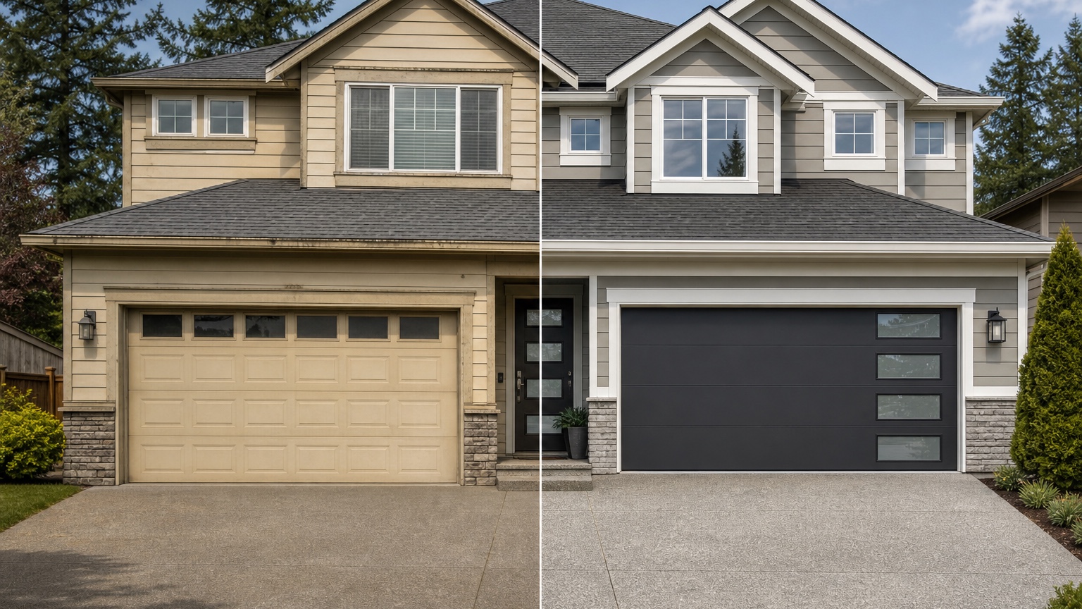 AI garage door visualizer showing a single home split between original garage door and updated replacement style