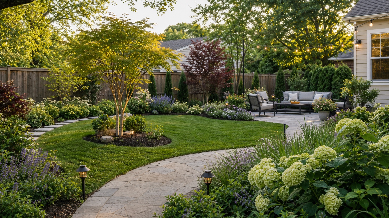 AI garden design generator showing a finished residential garden with paths, layered planting, seating, and tidy edging