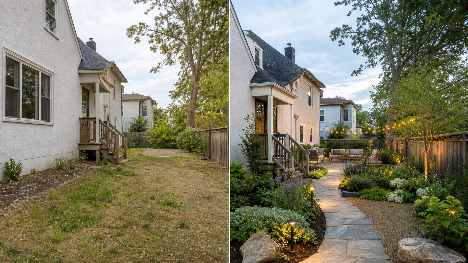 AI garden design generator before and after side by side comparing a plain yard with a layered garden design