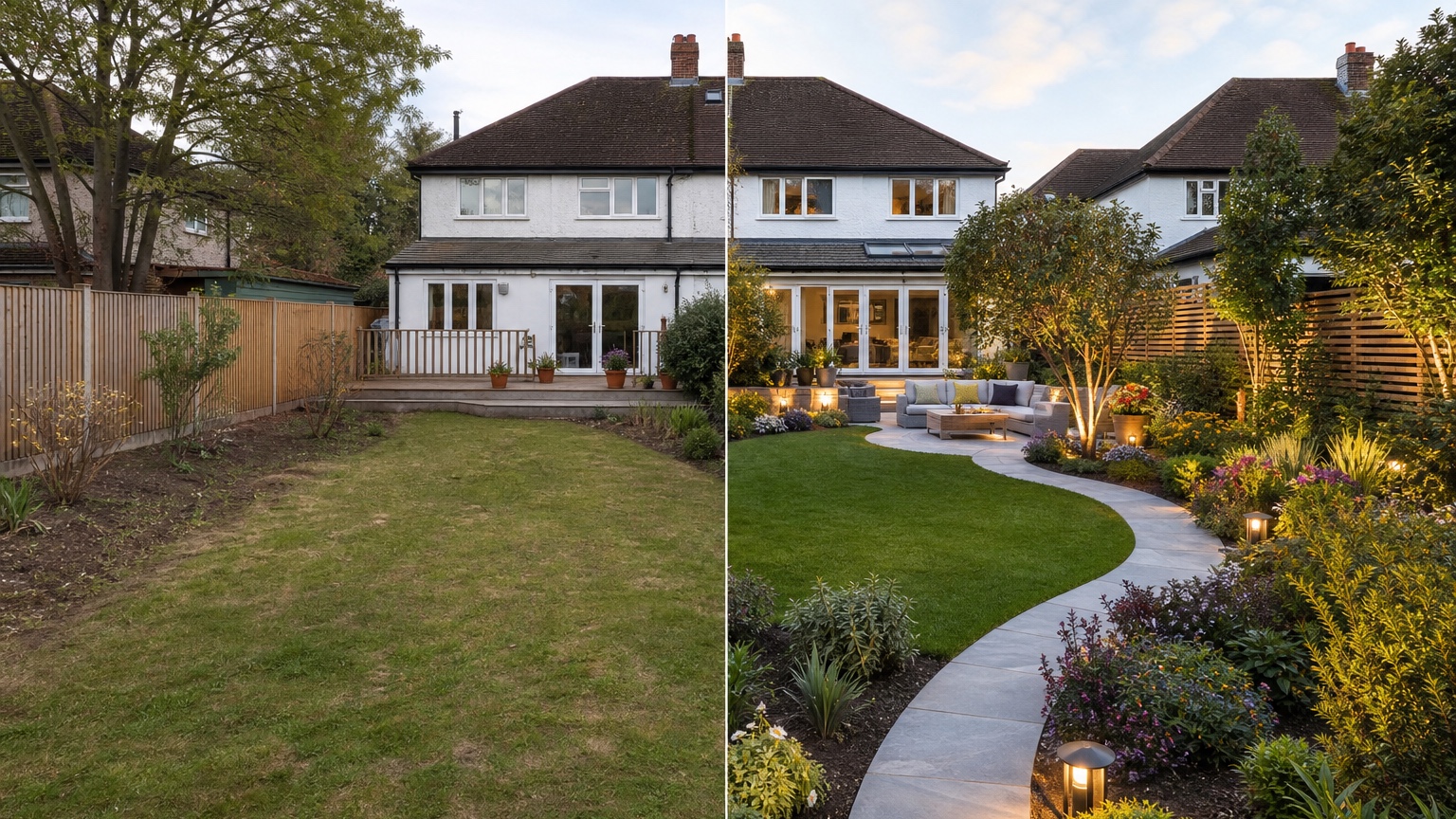 AI garden design generator split before and after showing the same yard transformed with planting beds and hardscape