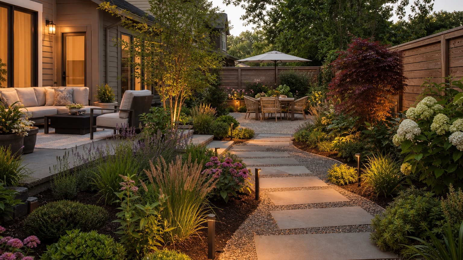 AI garden planner from photo showing a finished residential garden with layered planting beds, paths, lawn, and practical outdoor zones