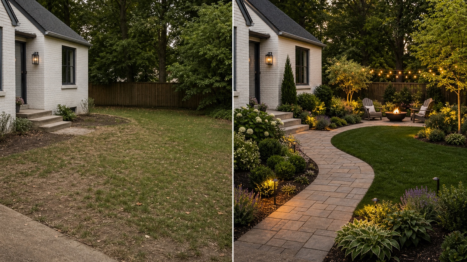 AI garden planner from photo before and after side by side comparing a plain yard with planting beds, paths, and clearer garden zones