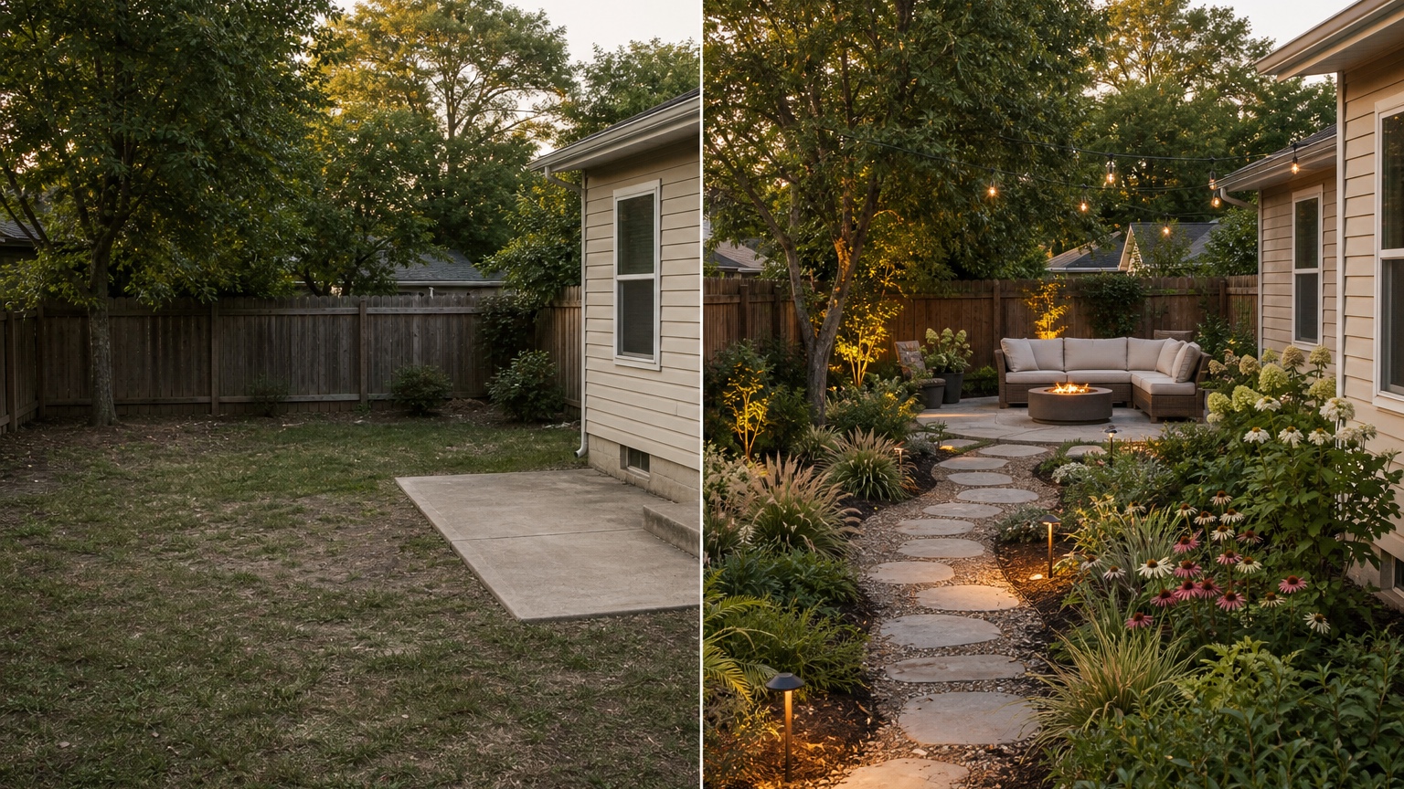 AI garden planner from photo split before and after showing the same yard transformed with planting zones, path direction, and practical garden structure