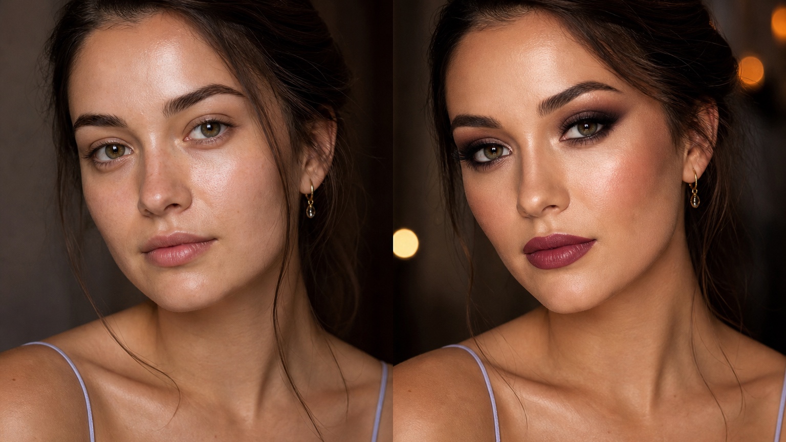AI Glam Makeup Ideas: Preview Full-Glam Looks Before an Event before and after makeup comparison
