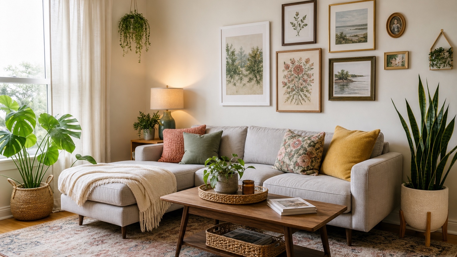 AI home decor generator styling a living room from one uploaded photo with layered textiles, art, lighting, and accessories