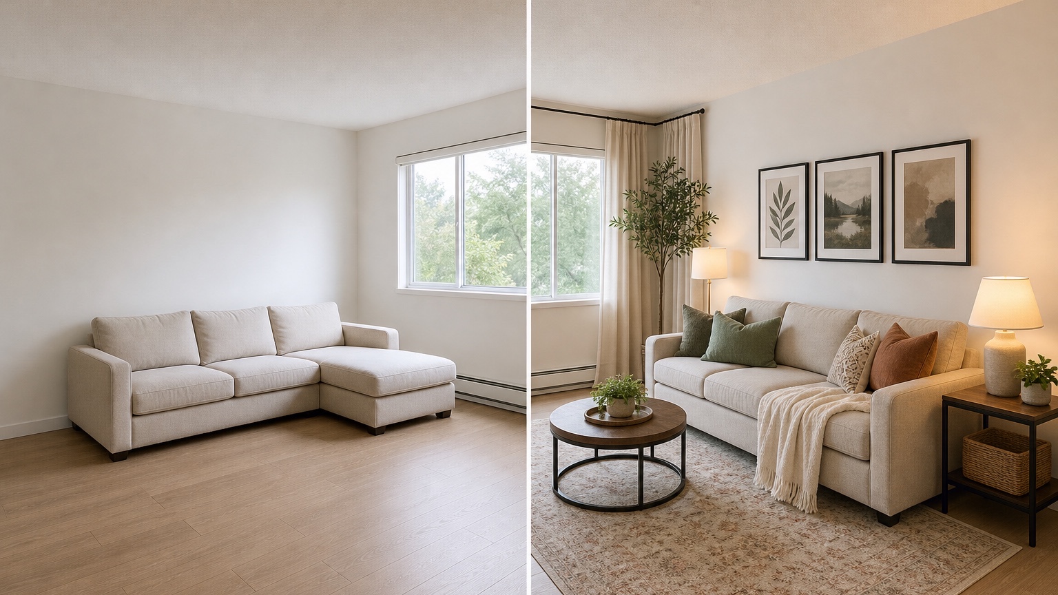 AI home decor generator before and after room styling concept with renter-safe updates, curtain direction, rug scale, and accessory layers