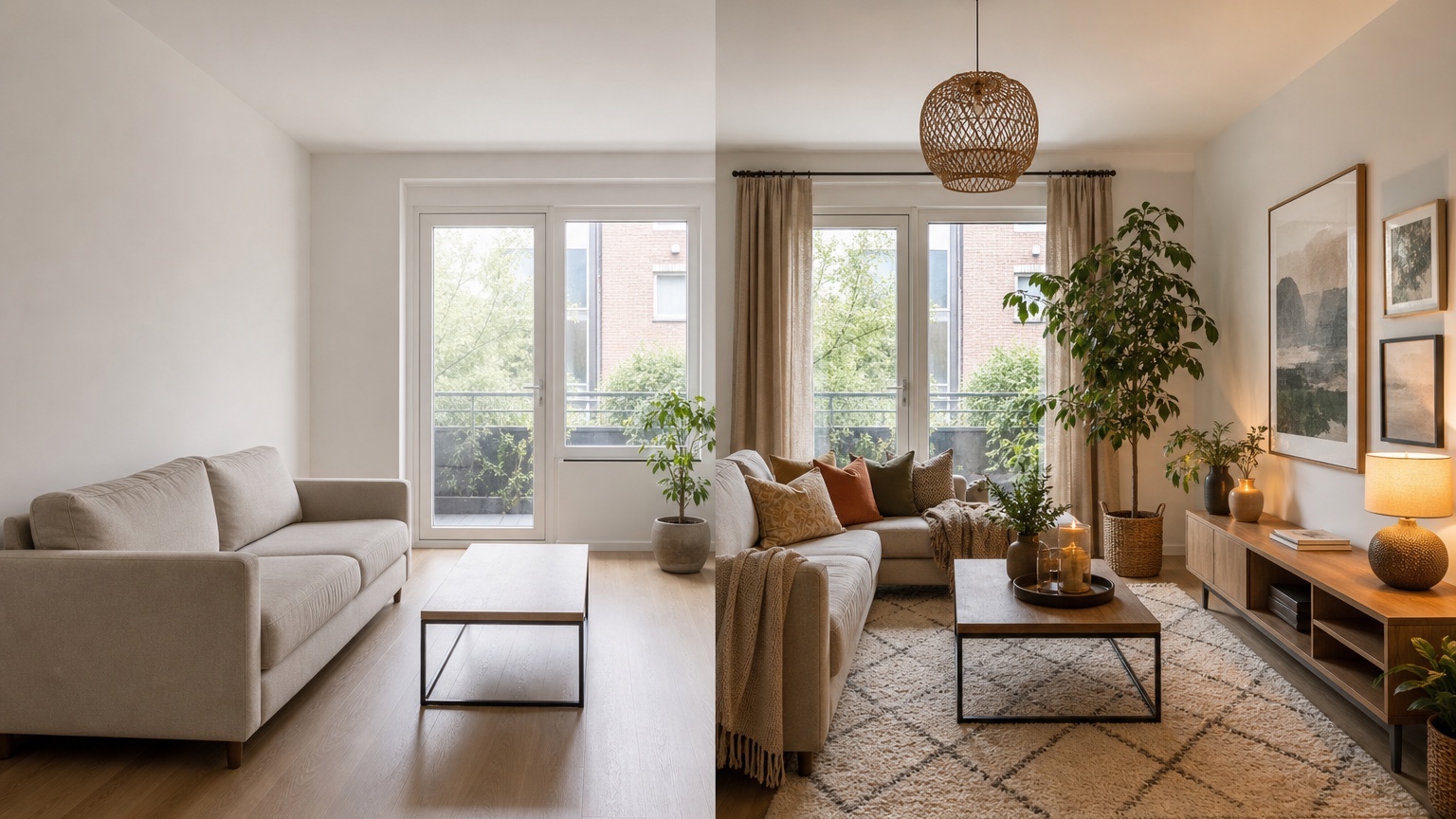 AI home decor generator split view showing alternate decor layers for the same room photo including color palette, textiles, art, plants, and lighting